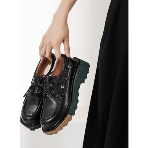 Fashion Genuine Leather Women Black Shoes Spring/Fall Oxford Shoes Woman Low Heels Shoes Casual Round Toe Lace up Chunky Heels