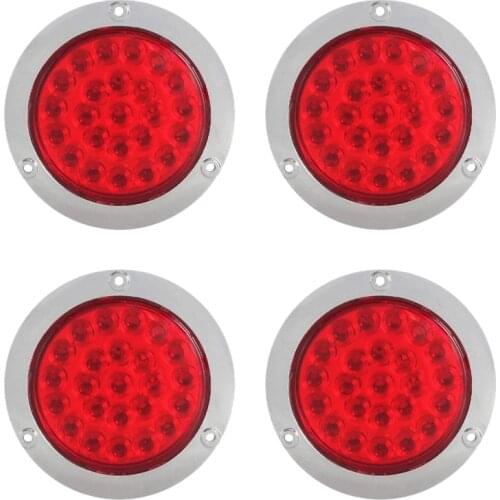4 Pack Round Led Trailer Tail Lights Red 24 Led Flange Mount Waterproof Chrome 4 Inch Brake Stop Turn Lights