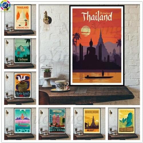 5D Diamond Painting Landscape Bangkok Tel Aviv Europe World City Sightseeing Retro Poster Wall Art Diamond Mosaic Home Decor
