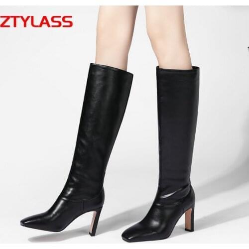 Brand Women Boots Fashion Square Toe Knee High Boots Pu Leather High Heel Long Boots Slip On Autumn Winter Shoes Black Beige