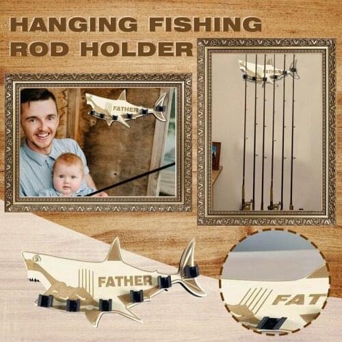 Wooden Shark-Shaped Wooden Fishing Rod Holder Wall Mounted Fathers Day Gift Retro Fishing Pole Rack With 6 Rod Holder