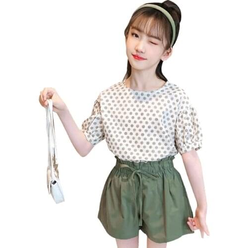 Children Clothes Dot Tshirt + Short Costume For Girls Casual Style Kids Clothes Girls Summer Childrens Suits 6 8 10 12 14