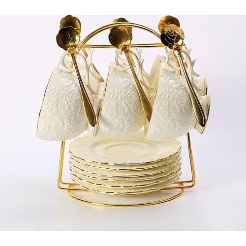 European Porcelain Tea Pot And Cup Set Embossed Rose Gold Coffee Mugs With Plate Spoon Iron Frame Afternoon Teapot Ceramic Home