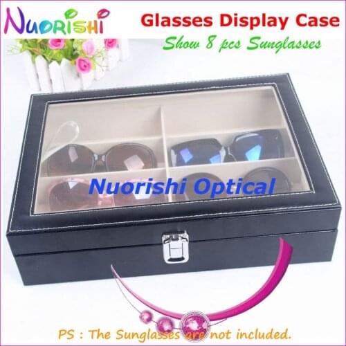 Holding 8pcs Eyewear Sunglass Eyeglass Glasses Black Leather Display Sample Case Box With Clear Cover A633C-8S Free Shipping