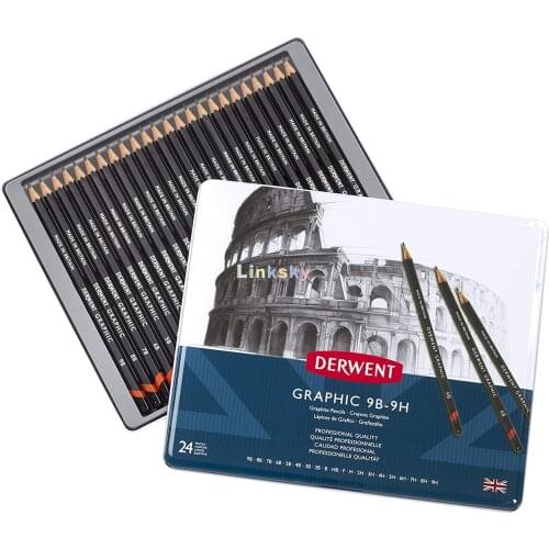 Lapis Graduado Derwent Graphic 9b-9h Com 24 Unidades Lata,Graphic Pencils,Metal Tin, 24 Count (34202),2.2mm Core for Sharp Lines