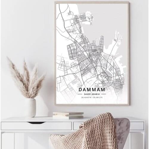 Saudi Arabia World map Dammam Jeddah Mecca Medina Riyadh black and white map poster print unframe poster office decoration