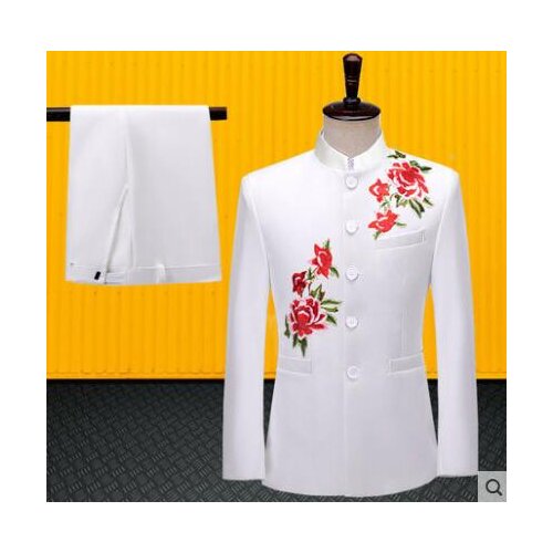 Embroidery Chinese tunic suit men blazer set with pants mens wedding suits singer stage white stand collar formal dress b589