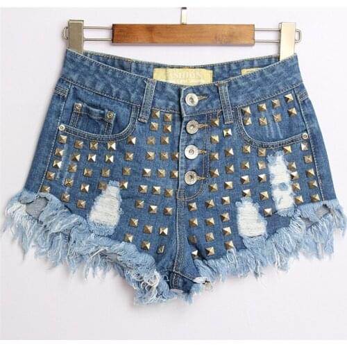 Fashion Short Jeans Womens Short Tassel Rivet Ripped Loose High Waisted Short Jeans Punk Sexy Hot Woman Denim Shorts