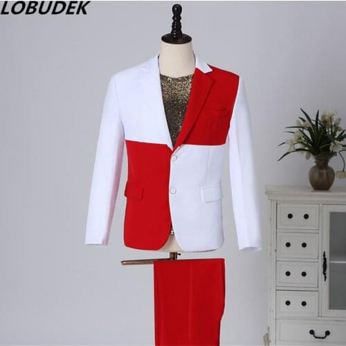 Korean Style Men Red White Splicing Stage Suits Fashion Tide Male Singer Host Performance Catwalk Suit Wedding Groom Set Dress