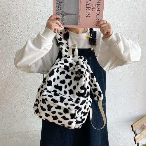 2021New Kawaii Cow Print Plush Backpacks Winter Women Warm SchoolBag Fashion Women Female Multi-Pockets Travel Bag Gift for Girl