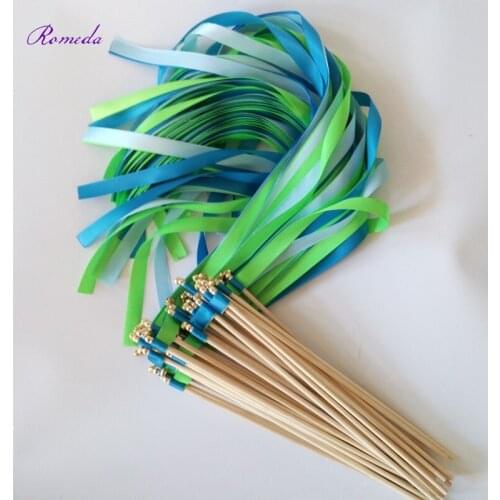 New 50pcs/lot Blue & light blue and green wedding ribbon wands stick with gold bell for wedding party