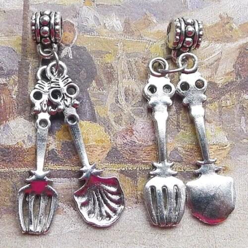 Newest 6Pieces 9*35mm Mixed Alloy Antique Silver Color Spoon Fork Charms Keychain Pendant Accessory For DIY Jewelry Making