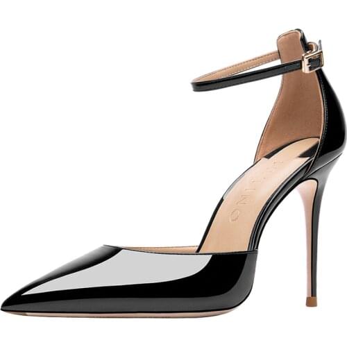 Black Summer Sandals with Buckle Strap Womens High Heel Sandals Red Bottom Pump Pointed Toe Stilettos Genuine Leather Red Sole