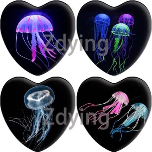 Zdying Artificial Glowing Jellyfish Pattern Heart Shape Glass Cabochon For Tray Base Cameo Charm Settings DIY Jewelry Findings