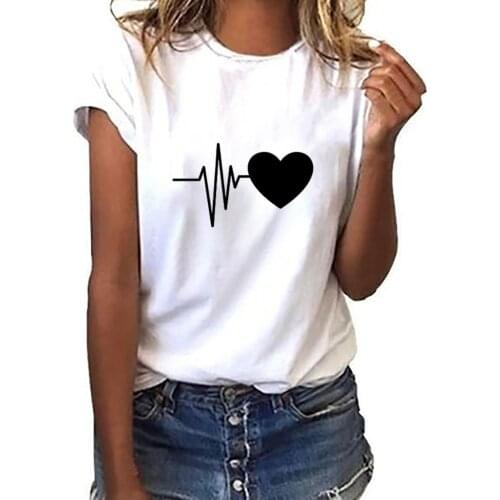 Harajuku Heart Print Tshirt Womens Loose Short-sleeved Heart Print T-shirt Casual O-neck Top Oversized T-shirt Streetwear @40