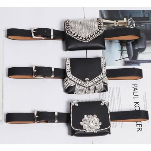 2021 Women Mini Square Flap Fanny Packs Rhinestone Coin Bag Luxury Crystal PU Leather Detachable Plus Size Waist Belts With Bag