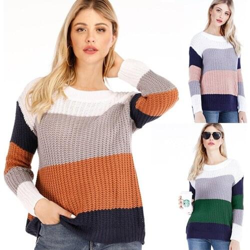 2021 New Striped Pullover Sweater Women Loose Plus Size Multicolor Sweater O-Neck Acrylic Woman Sweaters