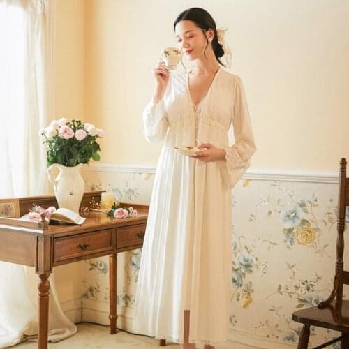 Women Vintage Two-Pieces Gowns Set Long-Sleeved Cotton Nightgown Robe Suit Spring Autumn Nightdress Large Size Court Princess