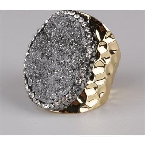 Silver color rough raw druzy drusy stone bead charm pave rhinestone big wide wrap hammered resizable gold women open ring cuff