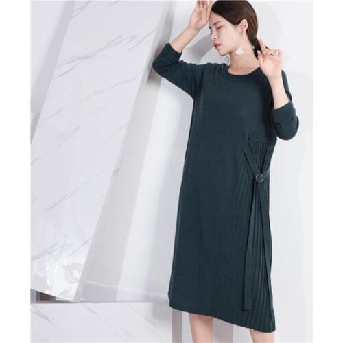 Women Casual Loose Knitted Dress Pleated Loose Knit Dress Solid Color Fashion Round Neck Autumn Winter Dresses retro