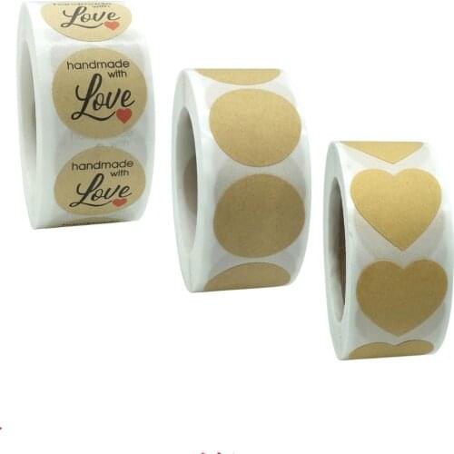 500-Count 1" Handmade with Love Stickers DIY Brown Kraft Paper Circle Heart Shape Seal Label Tag Blank Sticker for Kitchen