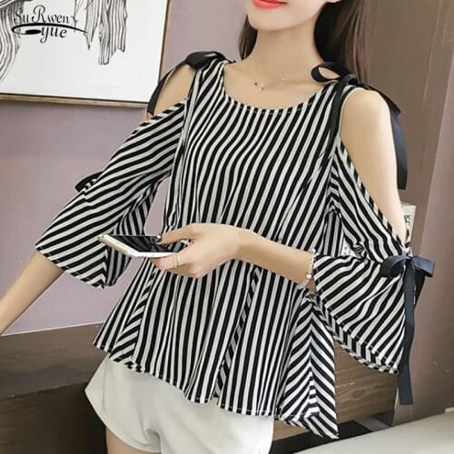 Blusas 2021 Autumn Women Tops Blouse Fashion Loose Bow Stripe Off Shoulder Cropped Sleeve New Chic Women Chiffon Blouse 1946