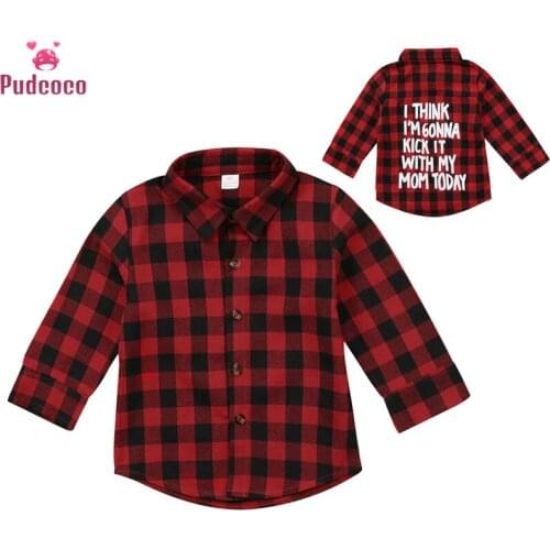 Kids Children Toddler Tshirt Baby Boy Girl Long Sleeve Back Letter Print Check Red Plaid T-shirt Tee Tops Clothes 2-7Y