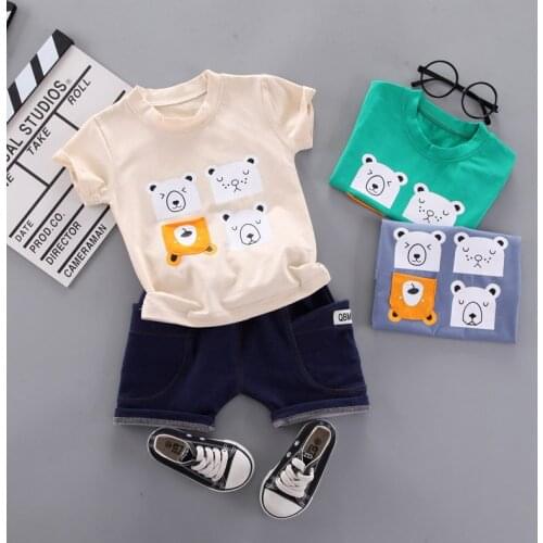 Toddler Baby Boy Clothes Summer Set Kid Boys Set Short Sleeve Cartoon Bear T Shirt+DenimShorts Infant Children Clothing Outfit