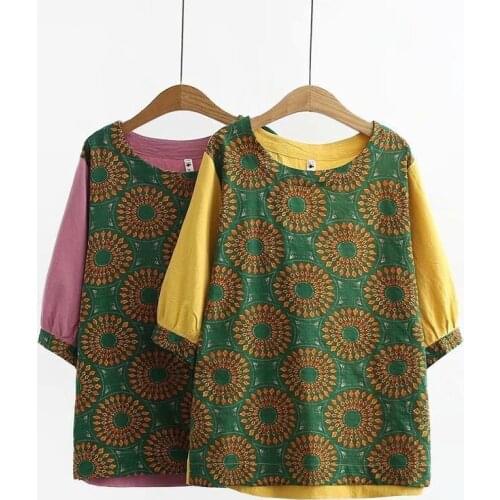 Plus Size 2XL-4XL Cotton&Linen Tops Womens Floral Printed 3/4 Sleeve t-shirtsLarge Size t shirt