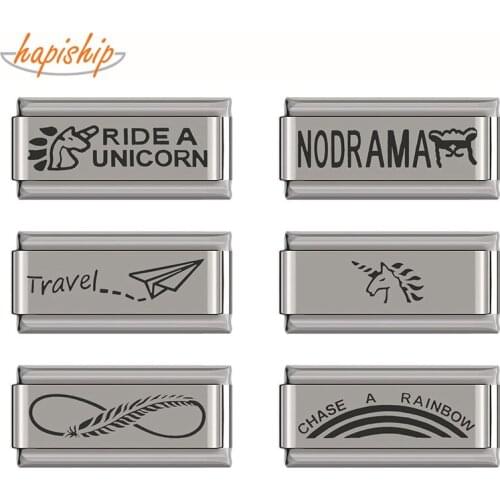 Hapiship New Product Unicorn Rainbow Alpaca Feather Travel Italian Charm Fit 9mm Bracelet Stainless Steel Jewelry Making DJ198