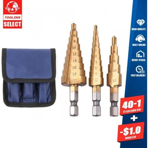3pc Hss Step Cone Taper Drill Bit Set Metal Hole Cutter Metric 4-12/20/32mm 1/4" Titanium Coated Metal Hex Taper