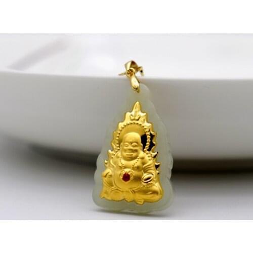 Natural Hetian Jade Blessing Necklace Men Women 24k Gold Buddhism Buddha Amulet Pendants For Male Female Femme With Box Bag