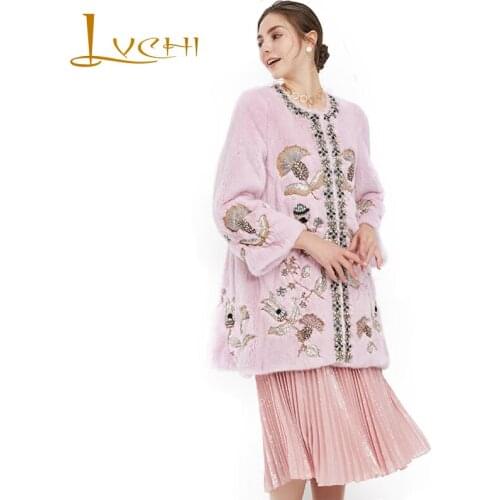 LVCHI Winter2017 Imported Crown Swan Velvet Mink Coat Womens Beading O-Neck Natural Fur Coat Pink Noble Slim Mink Fur Coats