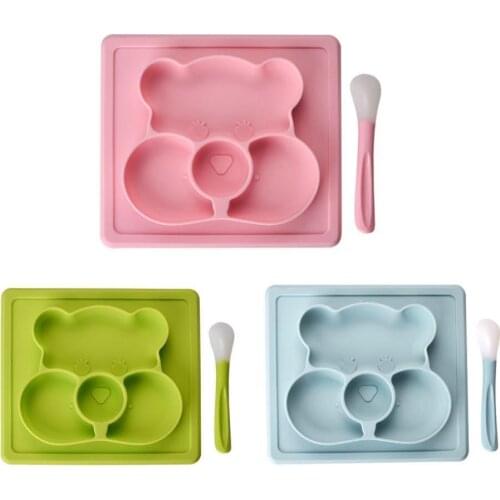Cute Bear Bamboo Bowl Dish Feeding Silicone Mat Baby Kids Child Toddler Suction Table Food Lunch Tray Plate Spoon Set Tableware