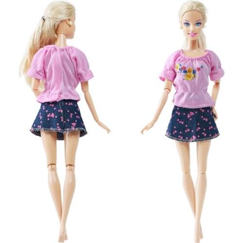 BJDBUS Fashion Outfits Sweet Princess Daily Summer Clothing Denim Skirt Pink Tops Shirt Clothes for Barbie Doll Girl Gift