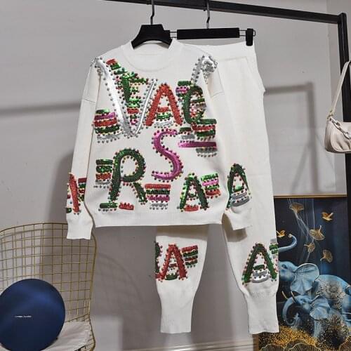 Fashion Loose Beading Sequins Letter Knitted Tracksuits Women White Black Gray Pullover Sweater Pencil Pants Set Outfits Female