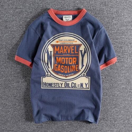 Double yarn cotton high gram weight breathable comfortable mens short sleeve T-shirt slim fit Khaki locomotive printing top 164