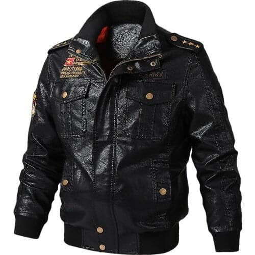The 2020 Mens New Leather Jacket Classic Embroidery Pu Casual Stand-up Collar Air Force Pilot Pocket Brown Leather Jacket
