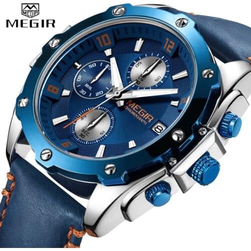 Mens Army Military Wrist Watch MEGIR Men Luxury Blue Watch Leather Sports Watches Mens Business Waterproof Quartz Clock Relogio