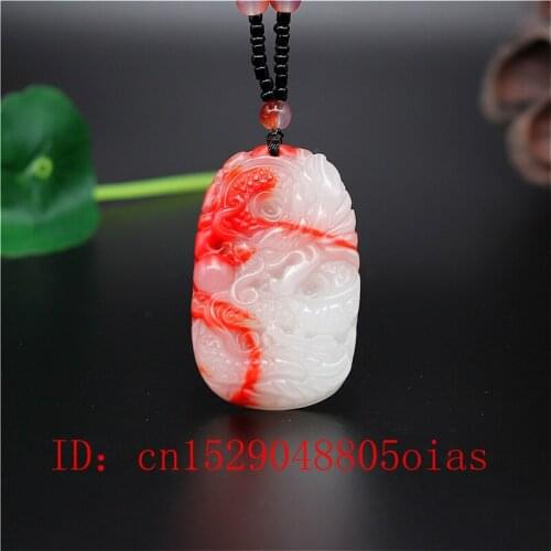 Natural Red White Chinese Jade Dragon Pendant Beads Necklace Fashion Charm Jadeite Jewelry Carved Amulet Gifts for Women Men