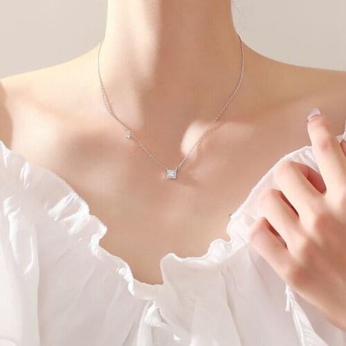 925 Sterling Silver Small Square Diamond Pendant Necklace Women Simple Fashion Shiny Clavicle Chain Wedding Jewelry Party Gift