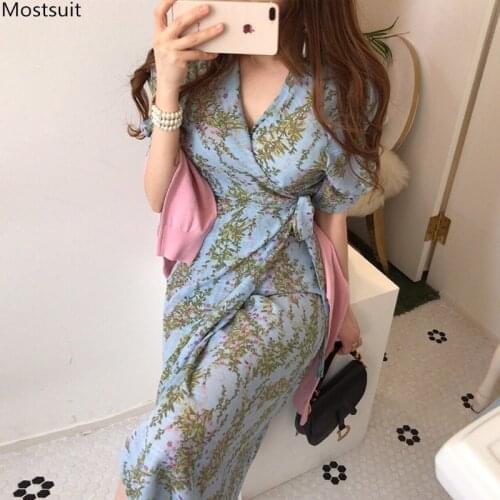 Summer Elegant Long Floral Dress Women Short Sleeve V-neck Lace Up Tunic Sexy Party One Piece Dresses Korean Robe Femme 2021