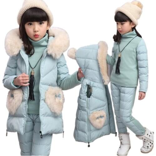 Causal girl Winter clothes set 3pcs hooded coat pant shirt thick fur coat set for 3-12years girls kids overcoat set outerwear