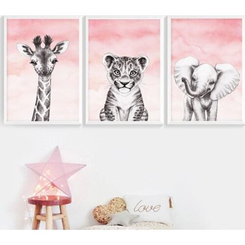 Pink Sky Giraffe Elephant Zebra Leopard Nordic Posters And Prints Wall Art Canvas Painting Nursery Wall Pictures Kids Room Decor