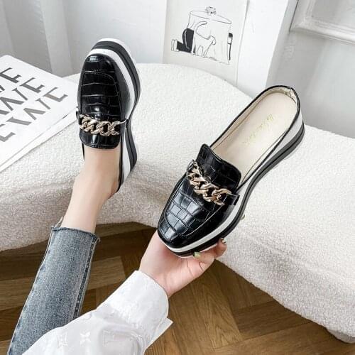2021 New Arrival Brand Design Lizard Croc Metallic Chain Mule Sandals Women Wedge Platform Loafer Shoes