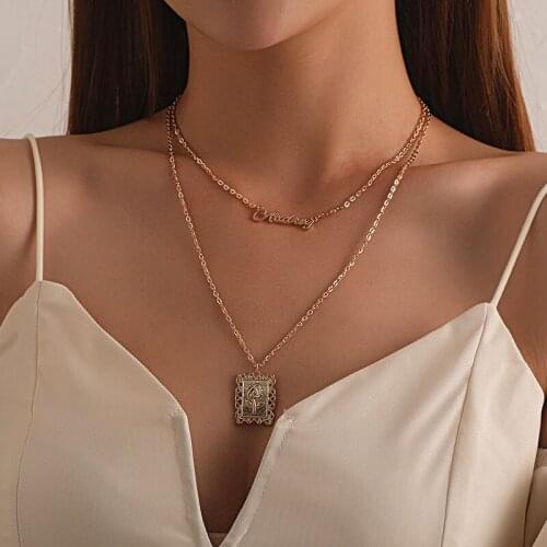 Vintage Double Layer Necklace Letters Square Rose Flower Pendant Necklace Women Fashion Geometric Clavicle Necklace Jewelry