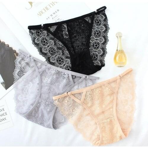 Wasteheart Women Fashion Skin Gray Lace Trim Cotton Bow Low Waist Panties Women Underwear Lingerie Briefs 3 Pieces Perspective