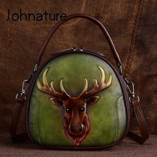 Johnature Retro Embossed First Layer Cow Leather Women Bag 2020 New Leisure Handmade Handbag Fashion Shoulder Messenger Bags