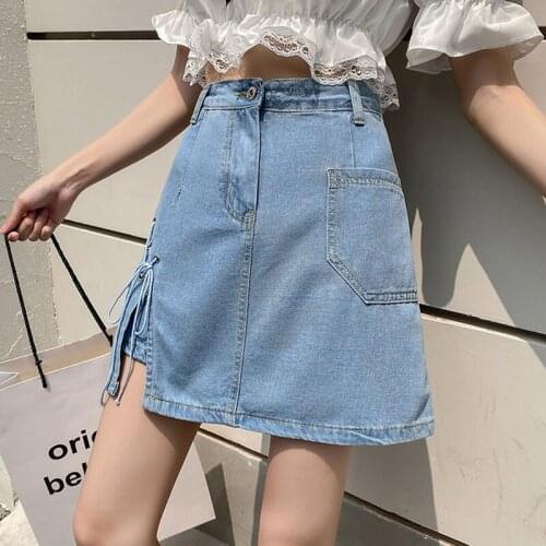 Ailegogo Summer Women Irregular Bandage Retro Blue Mini Denim Skirt Casual Female High Waist A-line Ladies Jeans Short Skirts