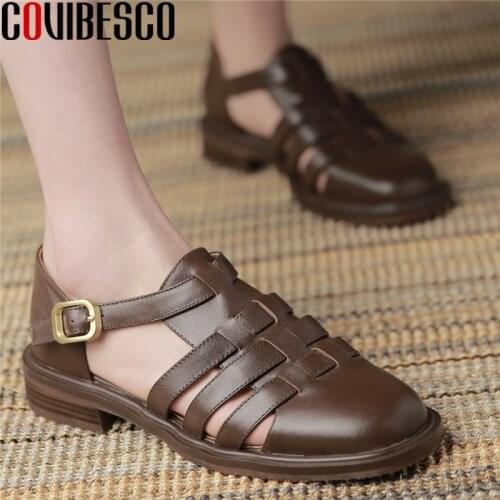 COVIBESCO Spring Summer Gladiator Women Pumps Retro Weave Genuine Leather New Round Toe Casual Low Heels Shoes Woman Rome Style